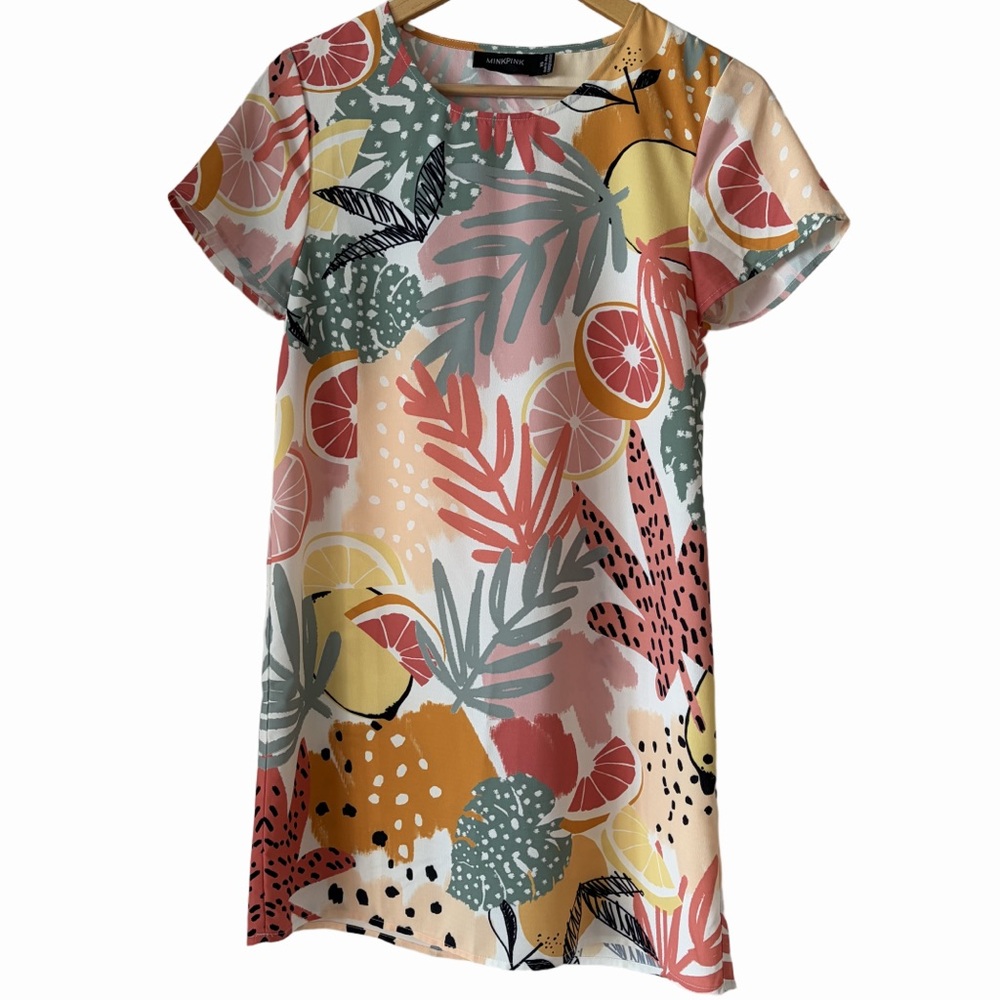 MinkPink Sz XS Tropical Vibrant Leaf and Citrus Print Dress Resort Vacation